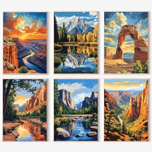 6 Pack Paint by Numbers Kit for Adults Beginners, National Park Paint by Number Kits on Canvas Without Frame, DIY Acrylic Landscape Oil Number Painting Kits for Home Wall Decor 10 x 14 Inch