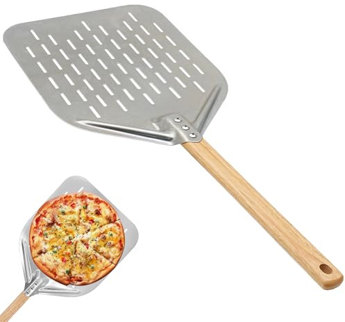 SHINWHEN Premium Pizzaschieber, 40 * 30cm 12 Zoll Pizza schieber, perfekter Größe und perforiertem Design für ein einwandfreies Pizzabacken, Abnehmbaren Griff (Silbrig)