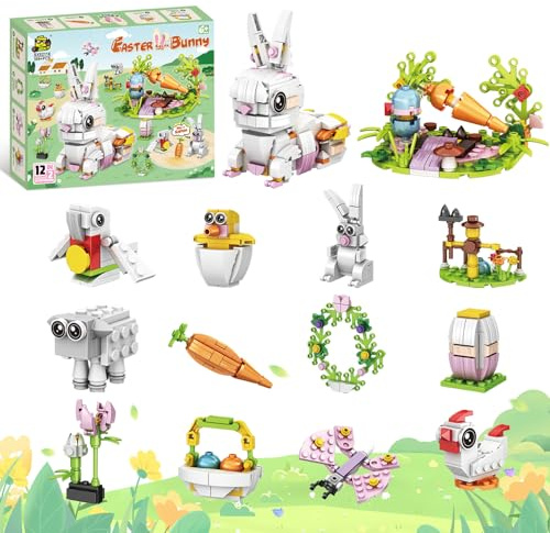 HA BIN Jouet Mini Briques Lapin – Kit de Construction 12 Paquets, 2 Modèles Lapin & Jardin, Jouet Créatif Enfant 3+, Idée Cadeau Pâques et Anniversaire (Lapin)