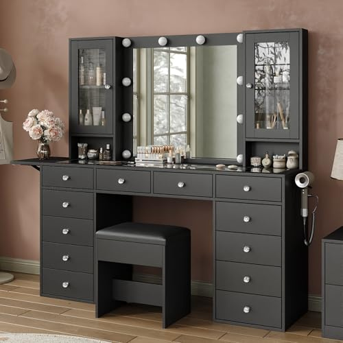 FUSOU Dressing Table with Mirror and LED Bulb Lights, Vanity Desk with 12 Drawers, 2 Cabinet, Fold-up Panel, Makeup Desk with chair for Bedroom, Transparent Glass Top, Black