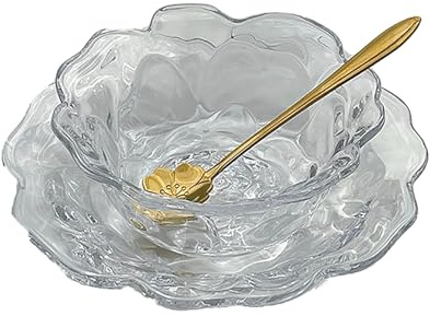QVK Ensaladera de vidrio en forma de rosa en relieve y juego de servir, incluyendo un plato y una cuchara, adecuado para servir frutas, nueces y pasta.Transparent