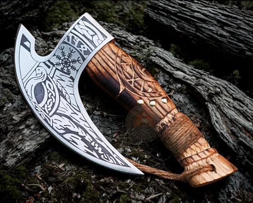 Handmade Viking Pizza Cutter Axe with Leather Sheath - Carbon Steel Axe Blade with Wood Handle - Viking Style Pizza Cutter Design, Best for Him and Her