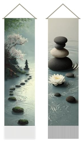 AHANDMAKER 2 Pièces De Tapis De Lotus Zen, Eau Et Pierre, Tapis Vertical Long Avec Franges, Décoration Mystique Esthétique Pour Chambre, Salon, 116X33CM