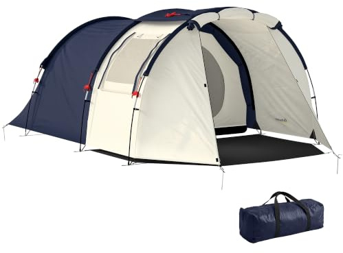 Outsunny Tunnelzelt 4 Personen Familienzelt Stehhöhe Marineblau+Cremeweiß | Schlaf- und Wohnzimmer Fenstern, Bodenplane, 3000 mm Wassersäule, Wasserdicht, Tragetasche, Campingzelt, Camping Zelt