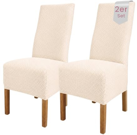 Scheffler Home Stuhlhussen Creme 2er Set Elastisch Luna-lang | Feine Microfaser-Stretch Stuhlbezüge, waschbar und pflegeleicht, für Hochlehner und Polsterstühle