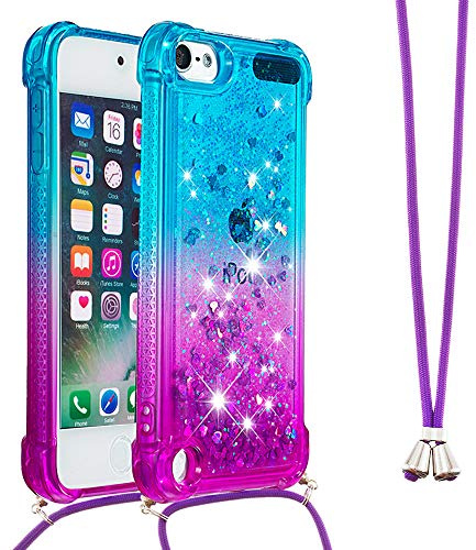 LEMAXELERS Halskette für iPod Touch 5 / iPod Touch 6, Glitzer, glitzernd, Flüssigkeit, transparent, Silikon, TPU, mit Kordel zum Umhängen, für iPod Touch 5, YB GS, Blau, Violett