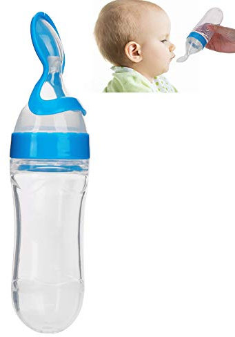 Biberon in silicone per neonati da 90 ml, biberon da spremere cereali per alimenti freschi per bambini con cucchiaio in silicone(Blu)