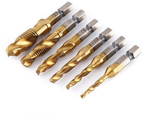 6Pcs M3-M10 Filetage Métrique Titane 1/4 Pouce Revêtu HSS Forets et Tarauds (Doré)