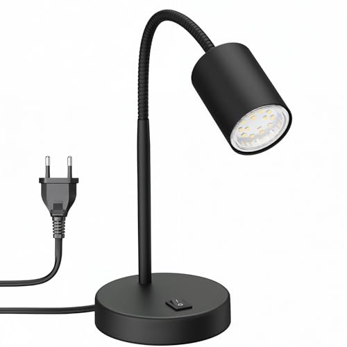 ledscom.de Tischleuchte WAIKA mit Schwanenhals und Schalter schwarz matt, inkl. GU10 LED Lampe (warmweiß, 2,339W, 227lm, 110°)