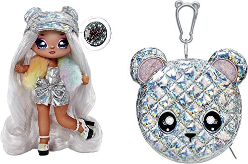 Na Na Na Surprise 2-in-1 Soft Modepuppe & Metallic Purse Glam Serie - Sammlerpuppe - Puppe im Prisma Silber Kleid & Hut mit Bärentaschen - Ari Prisma