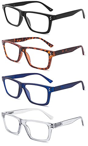 BOSAIL 4 Pack Reading Glasses Blue Light Blocking Large Square Frames with Spring Hinges, Anti Glare UV Eyestrain,Computer Readers for Men Women 1.5