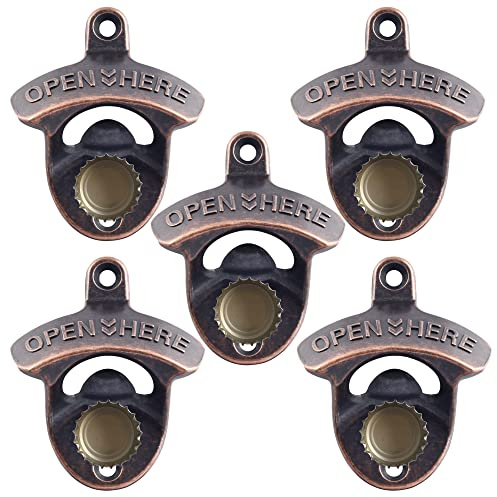 HAIICEN Magnetischer Bierflaschenöffner aus Edelstahl, zur Wandmontage, mit magnetischem Kappenfänger, eingebaut, rustikal, für Bierliebhaber, 5 Packungen (antikes Kupfer) | Antikes Kupfer, integrierter magnetischer Kappenfänger, montierbar für Holzpfosten, Tischkühler