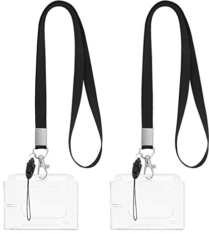 cobee Hartplastik Ausweishalter mit Lanyards, 2er Set strapazierfähiger Kreditkartenschutz mit Daumenschlitz, abnehmbarer Umhängeriemen, transparenter Namensschildhalter, transparentes Kartenetui