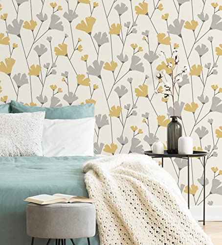 GAULAN 680923 Papier peint lessivable fleurs sauvages style nordique gris et moutarde pour mur salon chambre salle à mange tête de lit - Rouleaux de 10 m x 0,53 m