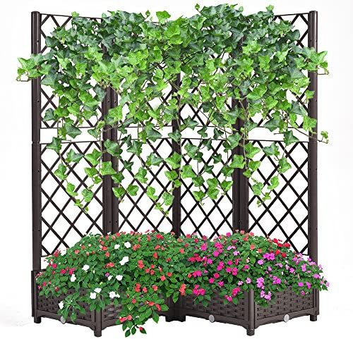 Mingone Hochbeet mit Rankgitter & Selbstbewässerung, 113×40×136 cm - Pflanzkasten für 4 Töpfe, wetterfest & UV-beständig, ideal für Garten/Balkon (Braun)