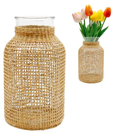 MDEOOSKY Straw Woven Glass Vase 10.25''X3.93''X5.52''Boho Glass Flower Vase Country Rustic Style Vase Glass Vase for Floral Arrangements Bottle Height (B Style 10.25IN)