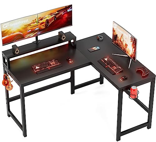GreenForest Gaming Tisch L Form 128cm Eckschreibtisch mit großem Monitorständer Computertisch mit Becherhalter und Headset-Haken Gaming Schreibtisch PC Tisch,schwarz