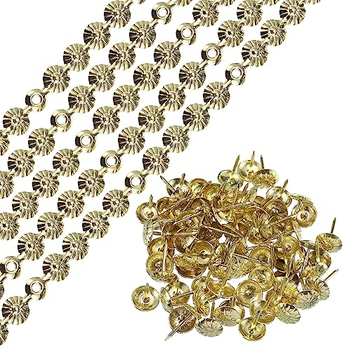 QUARKZMAN 5 Stück Polsternägel, Polster Reißzwecken, Vintage Polsterung Nägel mit Gemustert, Heftzwecken zum Dekorieren von Sofas, Türen und Anderen Möbeln - 5M x 11mm（L x W) Gold