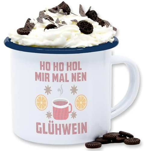 Emaille Tasse Blechtasse - Weihnachtstasse Weihnachten - Ho Ho Hol mir mal nen Glühwein - 300 ml - Weiß Blau - weihnachtstassen christmas mug weihnachtsmotiv hoho tassen den weihnachtsbecher