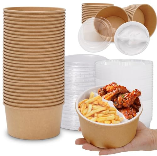 JarThenaAMCS 50 Pack Large Paper Bowls with Lids Inner Trays 32oz Disposable Kraft Soup Bowls Treat Serving Bowls with Covers for Daily Party Hot Cold Food Supplies