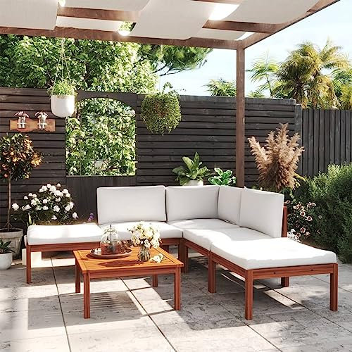 AUVYI Salon de jardin 6 pièces avec coussins, couleur crème, bois massif d'acacia, 65 x 65 x 60 cm, groupe de bancs d'angle, table basse, table de salle à manger, chaise de balcon, coussin de dossier,