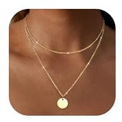 Diamday Kette Gold Damen Doppel Layered Halskette Damen Goldkette Set Zarte Mehrreihige Ketten mit Anhänger Personalisierte Choker Kette Einstellbar Halskette Rund Plättchen Herz Anhänger Modeschmuck