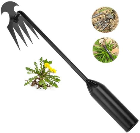 EHOTER Outil De Désherbage Manuel Outil De Désherbage en Acier Inoxydable avec 4 Dents Et Poignée Acier Outils De Jardin pour éliminer Les Mauvaises Herbes (30cm,Noir)