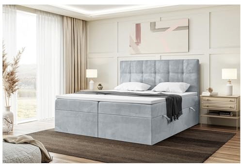 MEBLINI Boxspringbett mit Bettkasten - 200x220 - H3/Hellgrau Samt - Kai - Gepolstert Doppelbett mit Matratze und Topper - Polsterbett mit Stauraum - Bett mit Kopfteil - Stauraumbett