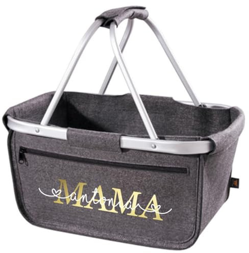 AWASG Einkaufskorb Mama Mom - Personalisiert mit Name - Einkaufstasche faltbar Tragekorb mit Aufdruck - 45 x 25 x 25 cm (grau Filz)