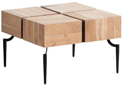 FineBuy Couchtisch 60x60x40 cm Akazie Massivholz mit Metallbeinen | Wohnzimmertisch Industrial mit Tischplatte in 4 Blöcken, Sofatisch aus Echtholz, handgefertigtes Unikat, quadratisch
