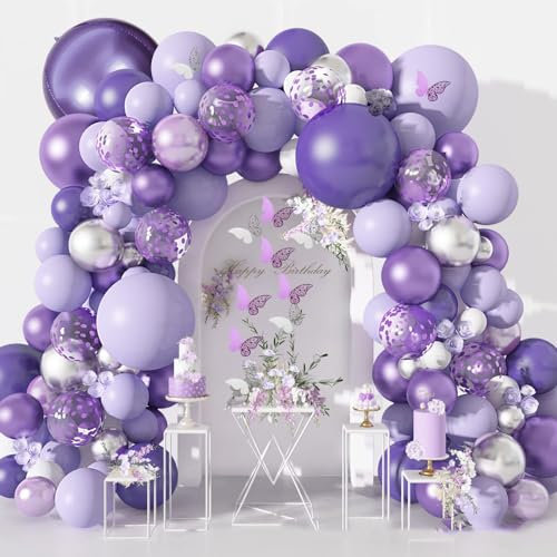 Guirlande de Ballons Violets, 145 Pcs Ballons Violets, Pastel Ballon en Latex 5 10 12 18 Pouces Kit, Autocollants Papillon 3D, Arche de Ballon pour Deco Anniversaire, Decoration Mariage, Baby Shower