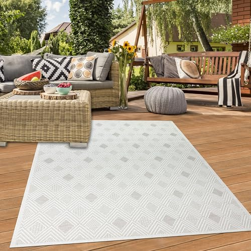 Teppich-Traum Outdoor Teppich Rautenmuster Creme 140x200 cm | Wetterbeständig, UV-beständig, robust, langlebig, angenehmes Laufgefühl, f. Garten, Terrasse, Balkon, Camping und Veranda