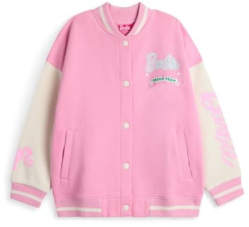 Barbie Chaqueta bomber para niñas | Chaqueta universitaria con estampado gráfico Dream Team para niños en Rosa | Chaqueta de béisbol con cremallera para niños