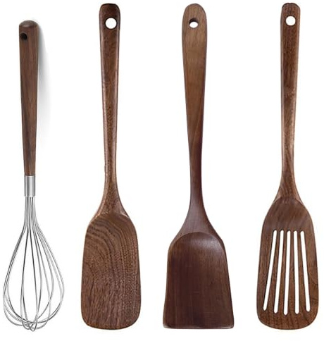 UPTALY Ensemble de 4 ustensiles de cuisine en bois (C1), cuillères en noyer noir naturel, louche épaissie, spatule en bois avec fentes, cuillère à mélanger extra longue, grattoir