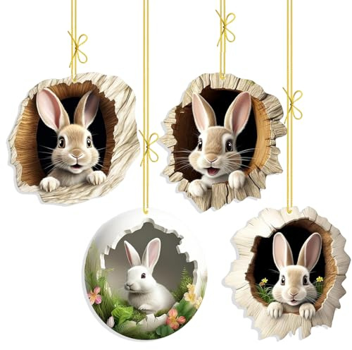 4 Stück Osteranhänger Hase, Acryl Anhänger Osterhase Ornamente, 2D Hase Hängedeko, Osterdeko Zum Aufhängen, Ostern Frühling Für Drinnen und Draußen Ostergeschenk, Weihnachtsbaum