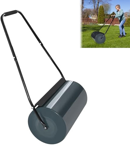 MAYTIIMO Rasenwalze Handwalze für Garten mit Schmutzabweiser, 57cm breite Metallwalze mit 32cm Durchmesser und 46L Kapazität, Robuste Ackerwalze für Rasenpflege, befüllbar mit Wasser/Sand, Anthrazit