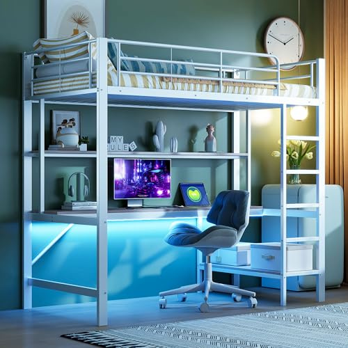 Huayz Hochbett Metall 90x200 cm,Mit USB und Steckdose, Mit LED-Leuchten,für Kinder, Jugendliche und Erwachsene, Metallbett Etagenbett mit Schreibtisch und Regal,ohne Matratze