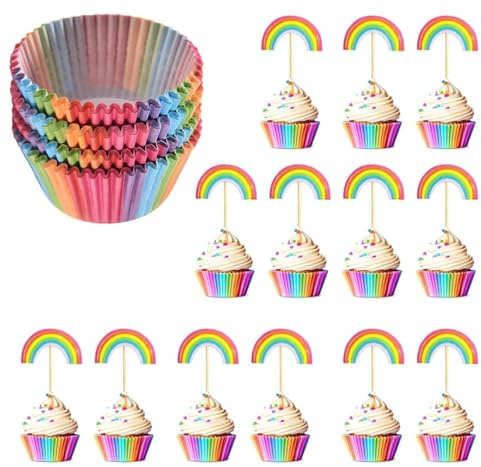100 Stück Muffinförmchen Papier – Cupcake Topper mit Regenbogen Deko | Enthält 12 bunte Dekorationen für Kindergeburtstag, Baby Shower, Partys, Hochzeiten und süße Desserts