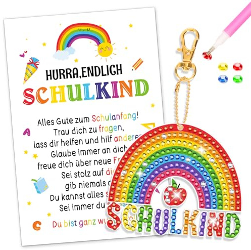 DPKOW Regenbogen Einschulungsgeschenke Jungen Mädchen Schultüte Füllung, DIY Regenbogen Diamant Painting Schlüsselanhänger Geschenke Schulkind Glücksbringer Schulanfang Bastelset Einschulung Deko