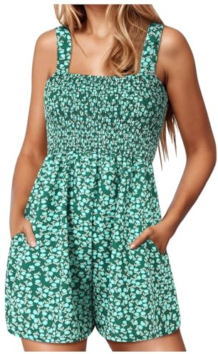 Playsuits for Women Jumpsuits with Pockets Ladies Dungarees Romper, Summer Outfits Short Jumpsuit Women's Floral Sleeveless Shorts Jumpsuit Crewneck Loose (Dark Green-2, L)