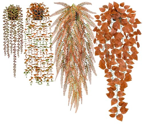 Der Rose 4Pcs Fake Fall Plants Hanging Orange Artificial Eucalyptus Plants, Boston Fern, Fake Potho, String of Pearls for Halloween Bathroom Table Centerpiece Wall Mantle Decor Indoor and Outdoor