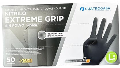 Cuatrogasa Guantes de Nitrilo Negro Extreme Grip Polvo | Gama Extrafuerte | Agarre Superior | Caja 50 Unidades | Tallas M - L - XL | Uso Profesional e Industrial (L)