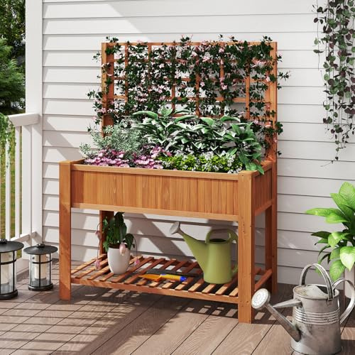 RELAX4LIFE Jardinera con Enrejado de Madera, Cama Elevada de Jardín con Sooprte para Plantas Trepadoras, Estante Inferior, Huerto Urbano Elevado para Flores, Verduras, Hierbas, Patio, Balcón (Marrón)