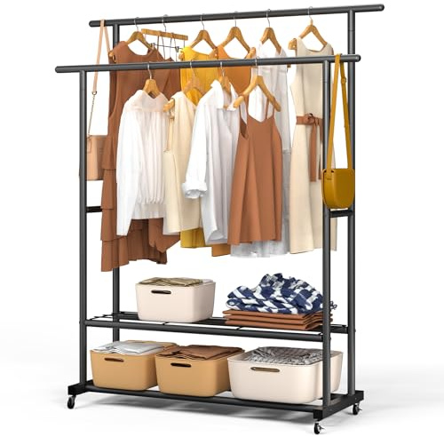 vounot® Portant à Vêtements Double Tringle avec Roulettes Penderie Vêtement Étagères en Métal avec 2 Étagères de Rangement Pour Chambre Dressing et Entrée 120x40x146cm Noir