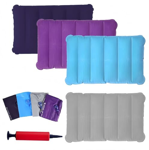 Kozdtiz Aufblasbares Kissen, 4 Stück Luftkissen Kopfkissen, Reisekissen für Auto für Camping und Reisen aus Weichem Material (Dunkelviolett, Violett, Blau, Grau)