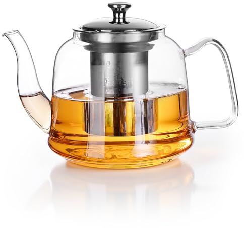 Tekanna glas, tekanna med sil, tekanna av glas med sil, 1 600 ml termisk tebryggare, borosilikat klar tekanna, lock och sil i rostfritt stål, avtagbar för te, kaffe, vatten, karaff