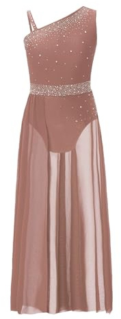 Sinleey Robe Danse Fille Enfant Longue Robe Danse Contemporaine Lyrique Justaucorps Danse Latine Strass Tenue Danseuse Rose poussiéreux 9-10 Ans