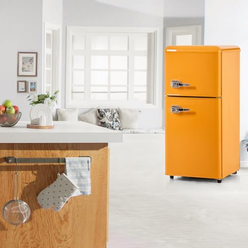 Minikylskåp med frys, retro minikylskåp med 2 dörrar, retro studentkylskåp med frys, 60 l retro litet kylskåp, justerbar termostat, kompakt retro minikylskåp för studentrum, lägenhet,Yellow