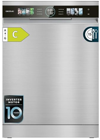 Cecotec Lavavajillas Compacto de 60cm Bolero Aguazero 6620 Inox C, 1850W, 15 Cubiertos, 8 Programas, Motor Inverter, Pantalla FullColor XXL, Smart Wash, Turbo Dry+, AutoClean, Media Carga, Delay Start
