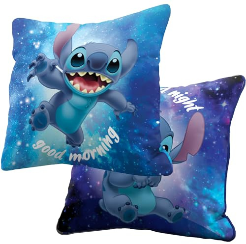 BERONAGE Lilo & Stitch Kissen Out of the World 40x40 cm Wendekissen Good Morning Good Night 100% Polyester weich flauschig Sofa Kuschelkissen Kinder Deko Disney Geschenk